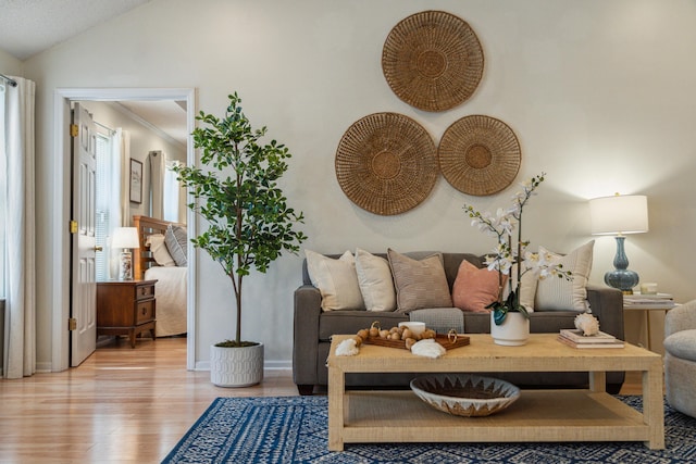 living room with vaulted ceiling and wood finished floors