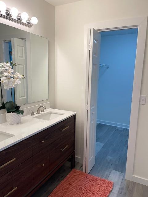 bathroom featuring vanity and hardwood / wood-style floors