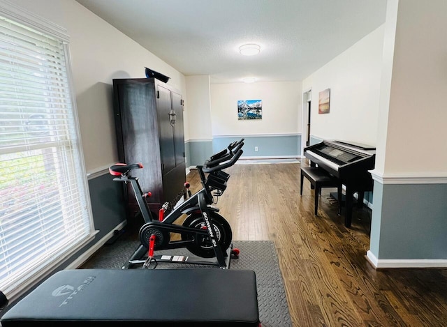 workout room featuring plenty of natural light, dark wood-type flooring, and a textured ceiling