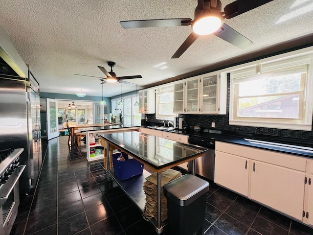 kitchen with white cabinetry, a wealth of natural light, backsplash, and appliances with stainless steel finishes