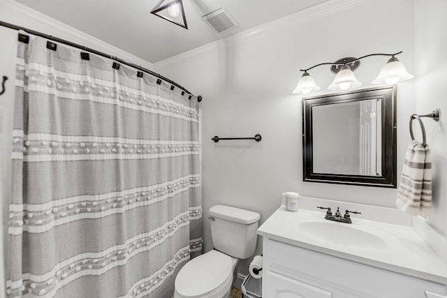 bathroom with crown molding, vanity, toilet, and a shower with curtain