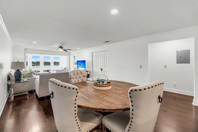 dining room with electric panel, ornamental molding, dark wood-type flooring, ceiling fan, and recessed lighting