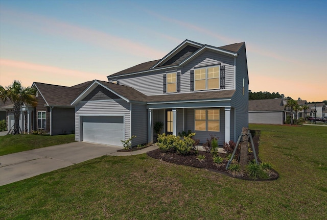 411 Bering Ln, Summerville, SC 29486 - traditional-style house with an attached garage, concrete driveway, a lawn, and covered porch