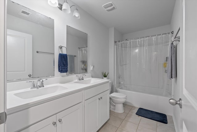411 Bering Ln, Summerville, SC 29486 - bathroom with toilet, double vanity, tile patterned floors, and shower / bathtub combination with curtain