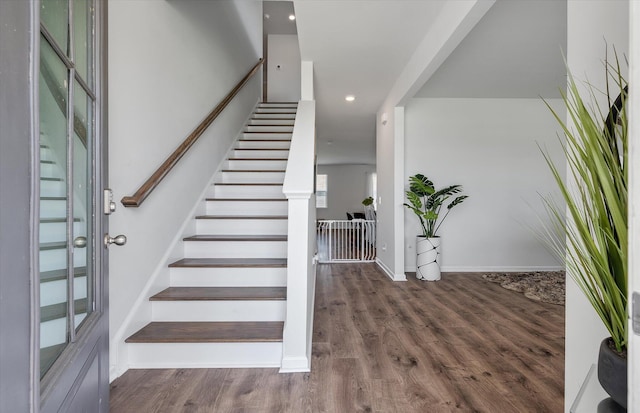 411 Bering Ln, Summerville, SC 29486 - stairs featuring wood finished floors, recessed lighting, and baseboards