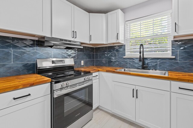 867 Colony Dr Unit F92, Charleston, SC 29407 - kitchen featuring butcher block countertops, stainless steel electric stove, under cabinet range hood, and a sink