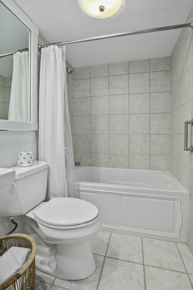 bathroom with shower / bath combination with curtain and toilet