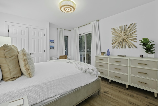 bedroom with dark wood-style floors, access to exterior, and a closet