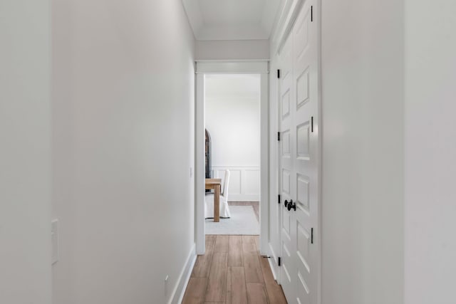 corridor featuring a decorative wall, a wainscoted wall, light wood-style floors, and ornamental molding