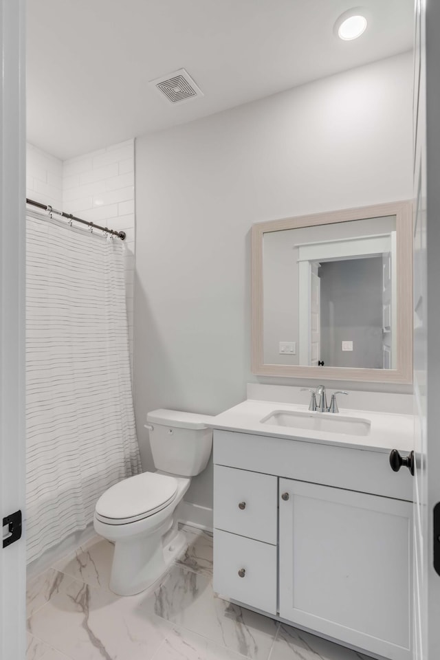 bathroom with visible vents, curtained shower, toilet, marble finish floor, and vanity