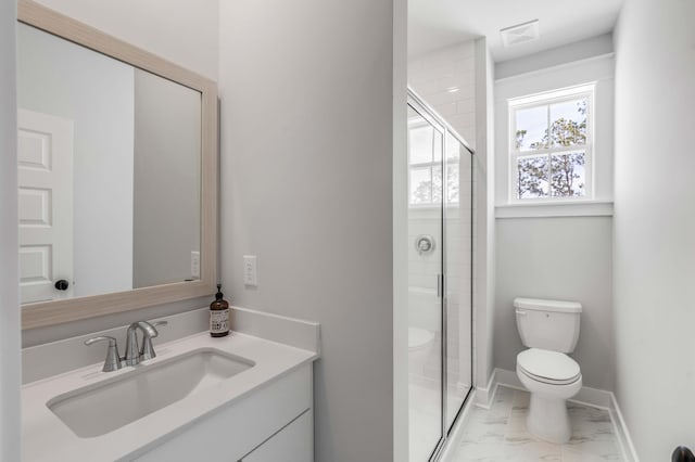 full bath featuring marble finish floor, a stall shower, toilet, and baseboards