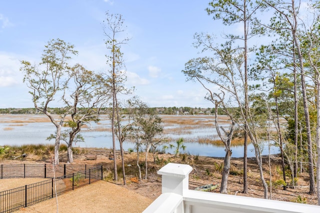 view of water feature featuring fence