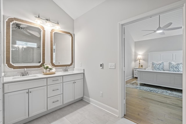 116 Cartright St, Daniel Island, SC 29492 - full bath with a ceiling fan, double vanity, vaulted ceiling, and an enclosed shower