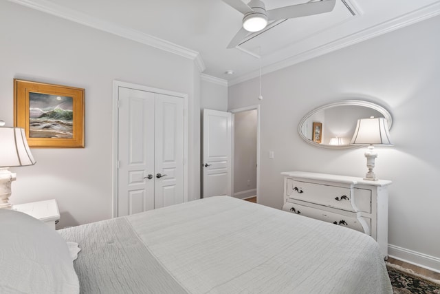 116 Cartright St, Daniel Island, SC 29492 - bedroom featuring attic access, crown molding, a closet, ceiling fan, and wood finished floors