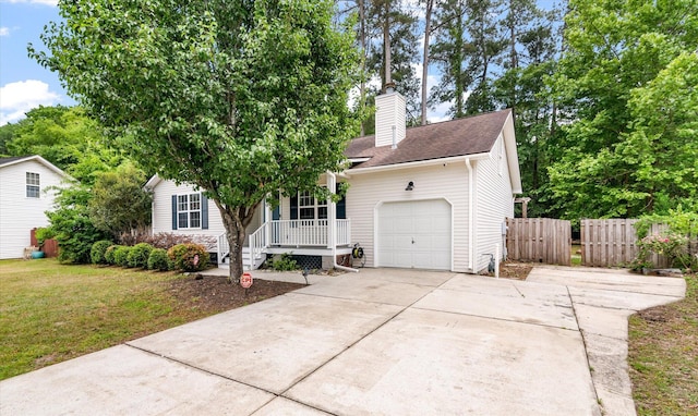 view of property hidden behind natural elements featuring an attached garage, concrete driveway, a porch, a chimney, and a shingled roof