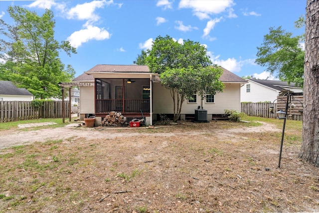 back of house featuring a sunroom, a fenced backyard, and ceiling fan