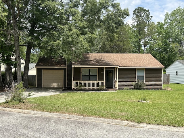 100 Lexington Pl, Goose Creek, SC 29445 - ranch-style house featuring a porch, a front lawn, driveway, a shingled roof, and a garage