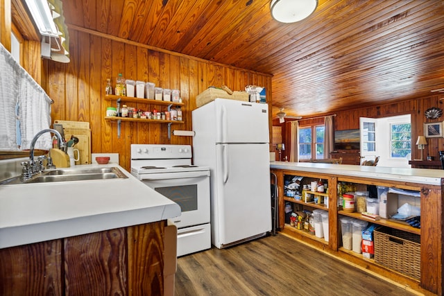 kitchen with dark hardwood / wood-style flooring, wood ceiling, white appliances, wooden walls, and sink