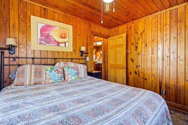 bedroom featuring ceiling fan, wood ceiling, and wooden walls