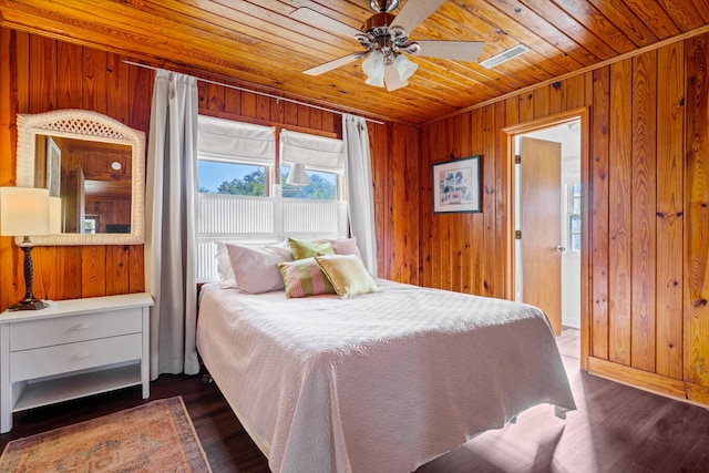 bedroom with ceiling fan, wooden walls, wooden ceiling, and dark hardwood / wood-style floors