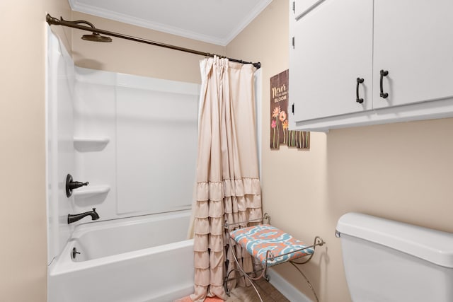 bathroom featuring toilet, crown molding, tile patterned floors, and shower / tub combo