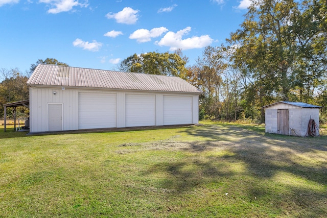 garage with a lawn