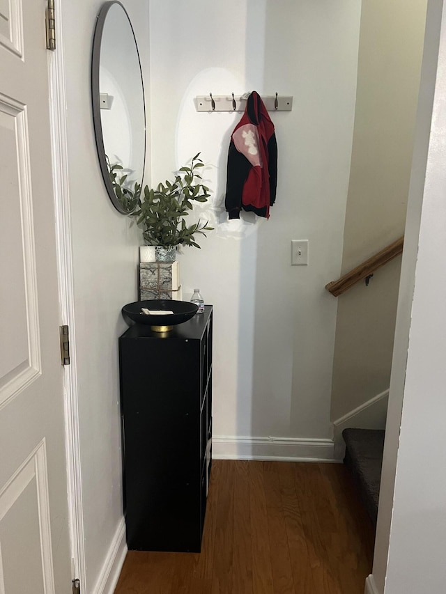 527 Travelers Blvd, Summerville, SC 29485 - hallway with wood finished floors, stairs, and baseboards