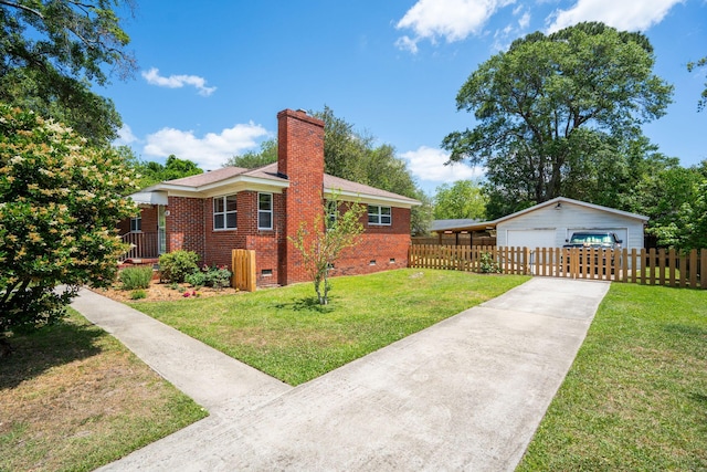view of side of property with fence, a chimney, brick siding, crawl space, and a lawn