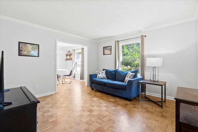 living area featuring crown molding and baseboards