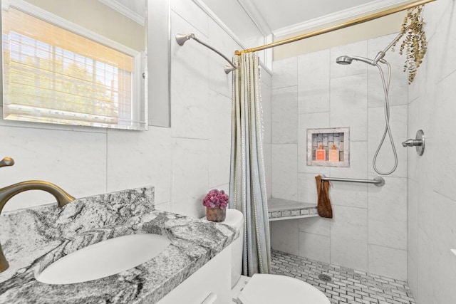 bathroom featuring vanity, crown molding, curtained shower, and toilet