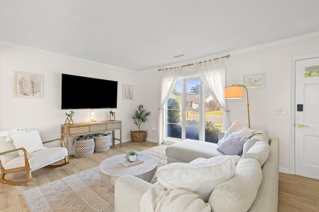 living room with ornamental molding and light wood-type flooring