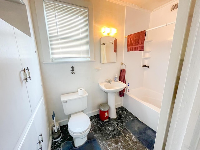 full bathroom with crown molding, toilet, shower / tub combination, and sink