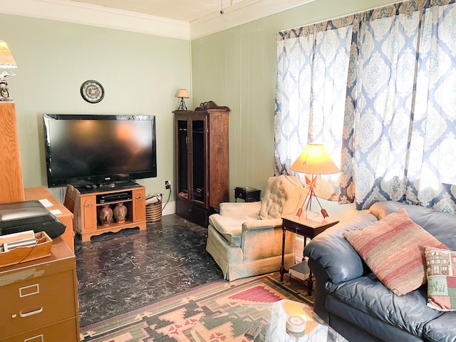 living room featuring crown molding