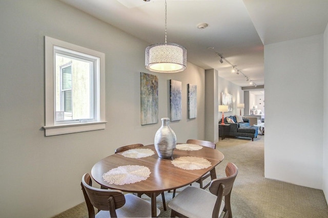 dining room with carpet and rail lighting