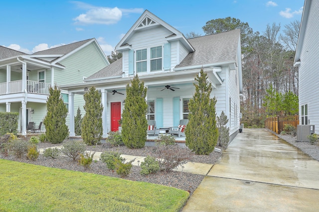 view of front of property featuring cooling unit, ceiling fan, and a porch