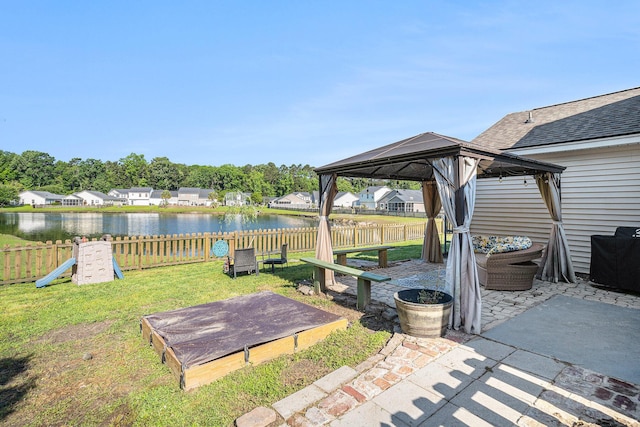 203 Eagle Ridge Rd, Summerville, SC 29485 - view of patio / terrace with a gazebo, a fenced backyard, and a water view