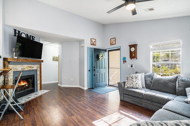 203 Eagle Ridge Rd, Summerville, SC 29485 - living area featuring ceiling fan, visible vents, a fireplace with flush hearth, wood finished floors, and baseboards