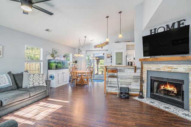 203 Eagle Ridge Rd, Summerville, SC 29485 - living area with a fireplace, ceiling fan with notable chandelier, wood finished floors, vaulted ceiling, and visible vents