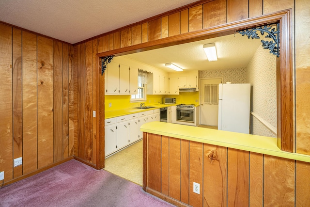 kitchen with a textured ceiling, a sink, white cabinets, light countertops, and appliances with stainless steel finishes