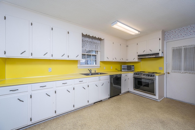 kitchen with light countertops, a sink, range with electric cooktop, dishwasher, and under cabinet range hood