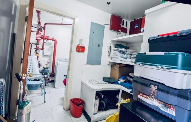 storage room featuring washer / dryer and electric panel