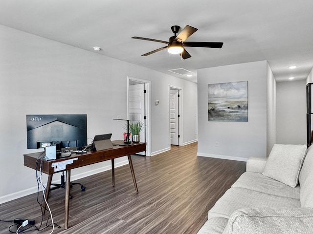 home office featuring recessed lighting, baseboards, ceiling fan, and wood finished floors