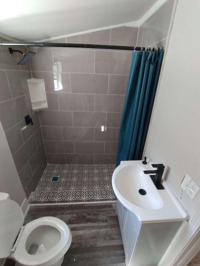 bathroom featuring sink, toilet, wood-type flooring, and a shower with shower curtain