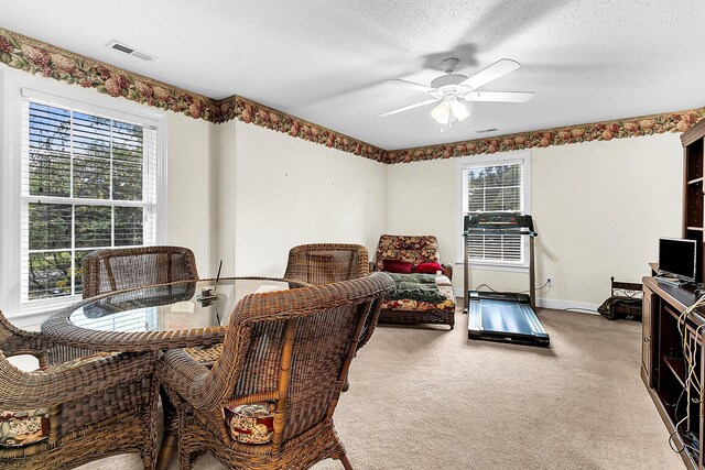 interior space with a textured ceiling, carpet flooring, and ceiling fan