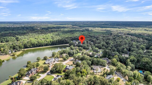 bird's eye view featuring a water view and a wooded view