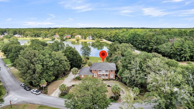 bird's eye view with a water view and a wooded view