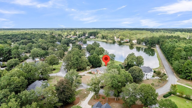 bird's eye view featuring a water view and a view of trees