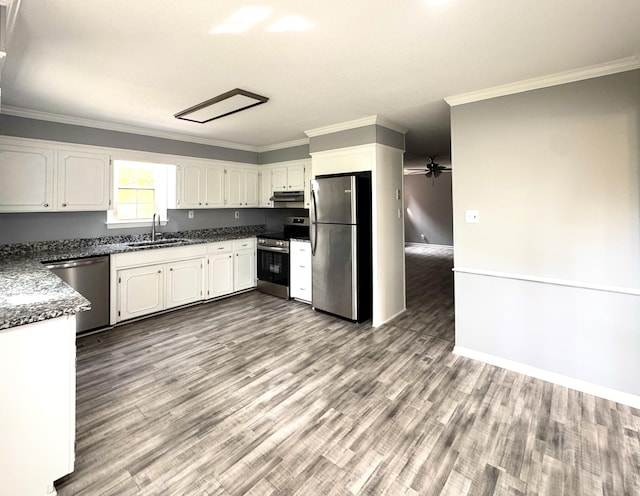 kitchen featuring stainless steel appliances, a sink, ornamental molding, white cabinetry, and ceiling fan