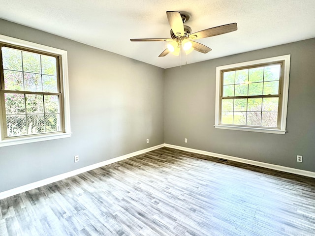unfurnished room with plenty of natural light, wood finished floors, baseboards, and a textured ceiling
