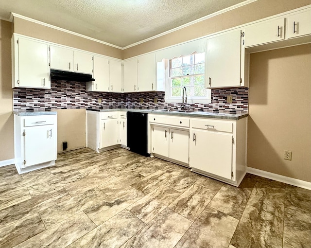 kitchen featuring a textured ceiling, crown molding, sink, black dishwasher, and white cabinetry